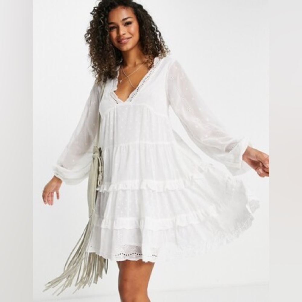 Worn once ✨ ASOS design soft tiered mini smock dress in mixed texture in white